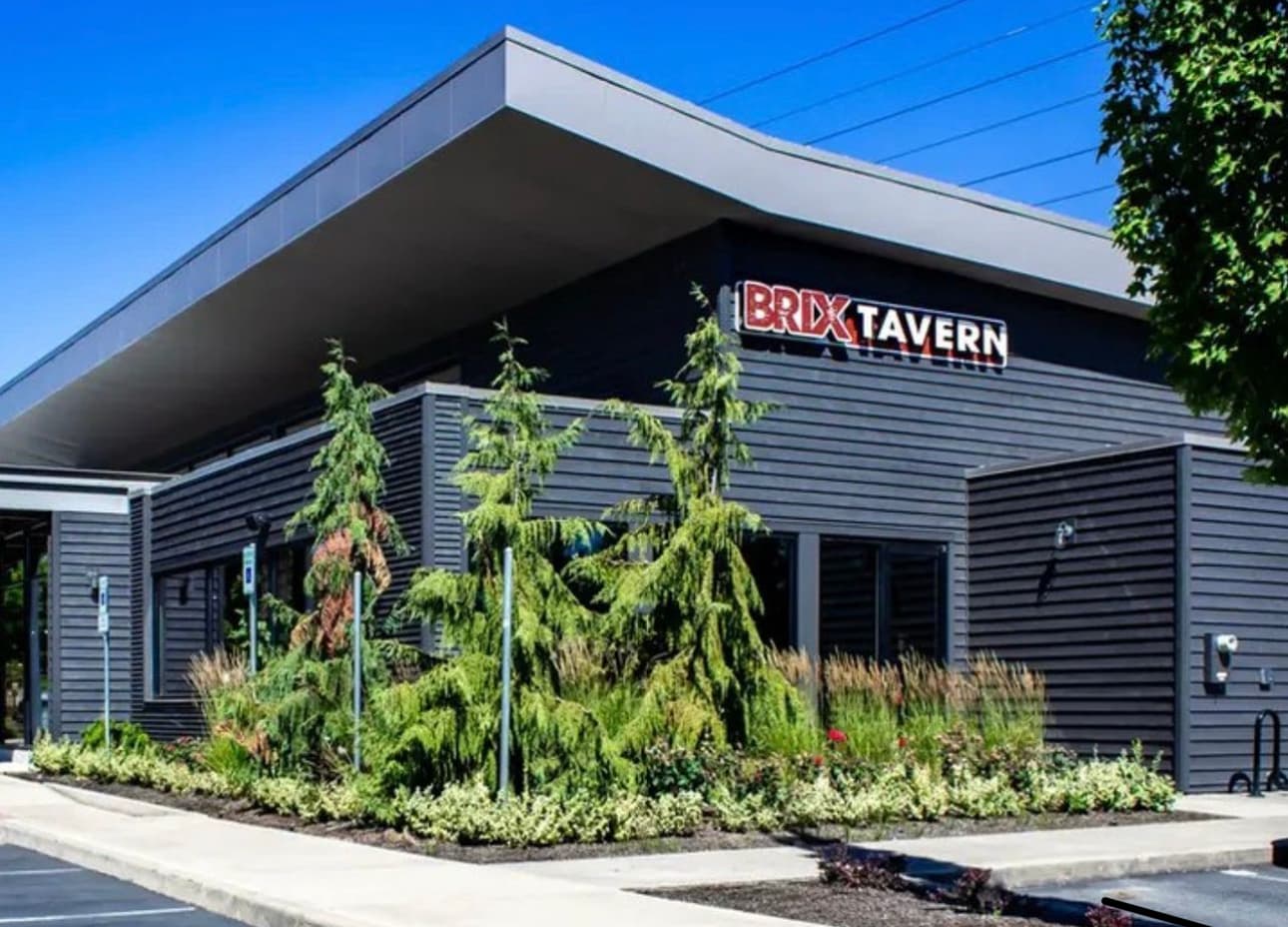 Brix Tavern restaurant and three fir-trees